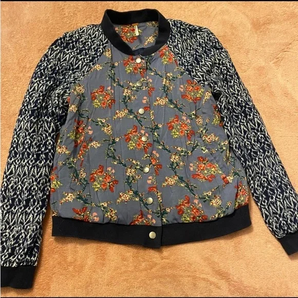 Free People Blue Floral Bomber Jacket with Navy Knit Sleeves - Picture 4 of 6